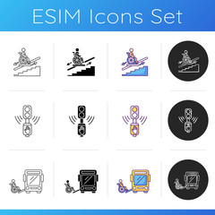 Wheelchair users facilities icons set. Acoustic traffic lights signals. Bus ramp. Wheelchair platform, stairlifts for disabled users. Linear, black and RGB color styles. Isolated vector illustrations
