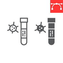 Covid-19 blood test tube line and glyph icon, coronavirus and diagnosis, blood test tube sign vector graphics, editable stroke linear icon, eps 10.