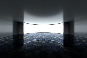 Empty round room with glowing white screen, 3d rendering.