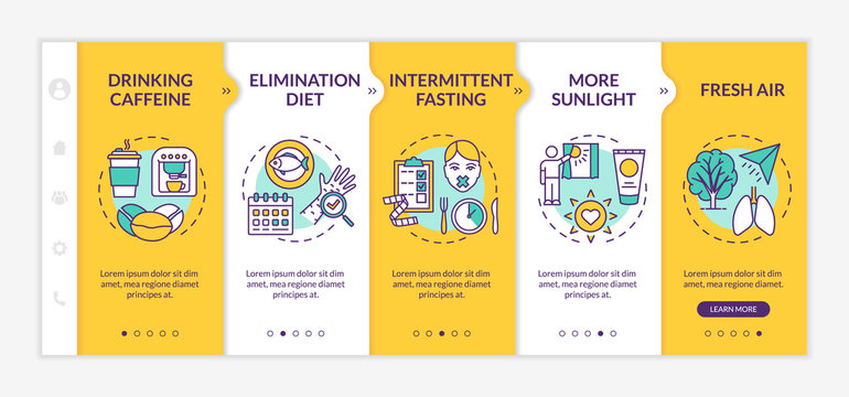 Biohacking techniques onboarding vector template. Elimination diet, intermittent fasting and fresh air. Responsive mobile website with icons. Webpage walkthrough step screens. RGB color concept