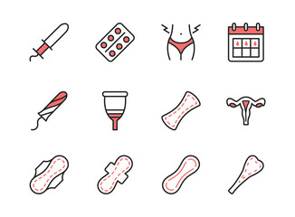Menstruation line flat icon set. Can be used to illustrate feminine hygiene and health. Periods symbol red color