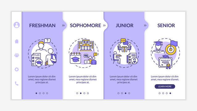 Class years onboarding vector template. Students from different study periods. High school. Responsive mobile website with icons. Webpage walkthrough step screens. RGB color concept