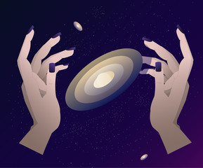 Nuestra galaxia está en nuestras manos. Our galaxy in our hands. Science in our hands. Vector image of galaxy. © Natalia
