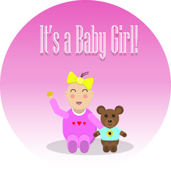It´s a baby girl! Es una niña!  Card of birth of baby girl with little bear. Pink sticker of birthday.