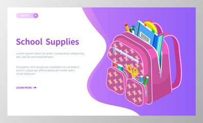 Colored school backpack. Education and study back to school, schoolbag luggage, rucksack vector illustration. Kids school bag with education equipment. Backpacks with study supplies. Student satchels