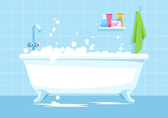 Blue bathroom semi flat vector illustration. Bath tub with bubbles. Bathtub with soap foam for daily hygiene. Boyish household lavatory interior 2D cartoon background for commercial use