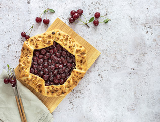 Top view of sour cherry open tart galette