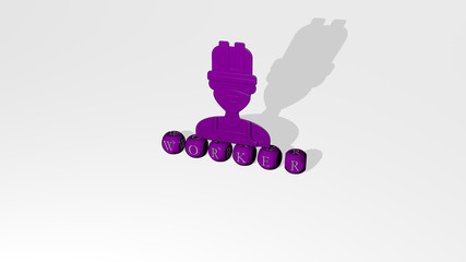 WORKER 3D icon over cubic letters, 3D illustration for business and construction