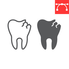 Cracked tooth line and glyph icon, dental and stomatolgy, broken tooth sign vector graphics, editable stroke linear icon, eps 10.
