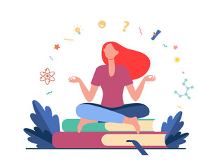 Woman sitting and meditating on pile of books. Student, study, learning flat vector illustration. Education and knowledge concept for banner, website design or landing web page