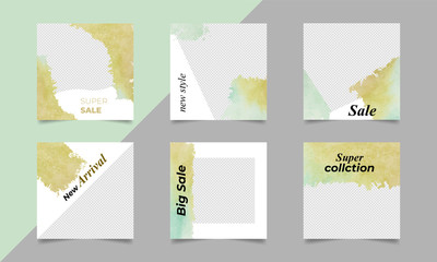 Vector set of of social media template in grey background. Square editable banner watercolor poster design. Great for digital marketing fashion sales and discount promotional project.