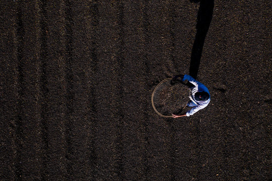Aerial view of farmer working with sieve for coffee beans during production harvest in a small family coffee plantation. Fair trade storytelling concept. Top view and copy space template.