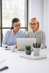 Two young businesswomen working on laptop in an office