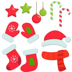 Print Vector cartoon icons of Christmas decorative elements. 
