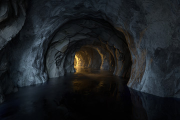 The dark rock tunnel with light illuminated in the end, 3d rendering.