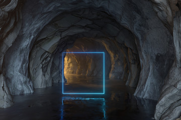 Fototapeta premium The dark rock tunnel with light illuminated, 3d rendering.