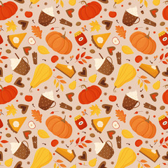 Seamless vector pattern with pumpkins, pumpkin pie, autumn leaves, berries, spices, cups of cocoa and coffee and jars of jam.