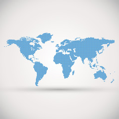 World map with blue squares on white background