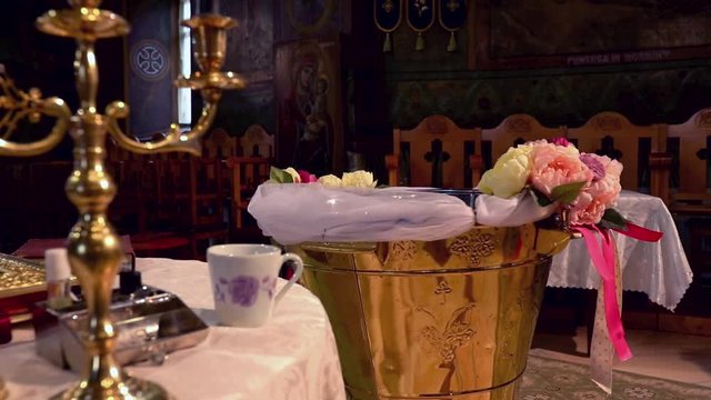 Baptismal font in the church cinematic footage in orthodox religion