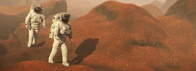 astronauts on Mars, space travelers exploring the landscape on the red planet