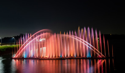 Fototapeta na wymiar Night show of color fountains. Beautiful fountain show. Dancing fountain in Taiwan