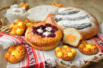 Sweet pastries on the table. Confectionery still life.