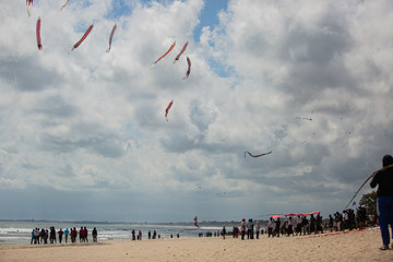 Bali, Indonesia august-17 th 2020. independence day. social events on the beach in kuta. kite festival. surfing competition among juniors. Bali, Indonesia