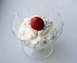 dessert strawberry with cottage cheese, sour cream dessert, sweetness close-up, food