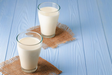 Glass of milk on table close up