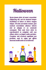 Halloween card with potion and candles, decorative design, vector illustration