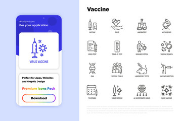 Fototapeta na wymiar Vaccine thin line icons set: syringe and ampoule, laboratory test, immune system, injection in forearm, covid-19 test, vaccine trials, timetable, ai investigates virus. Vector illustration.