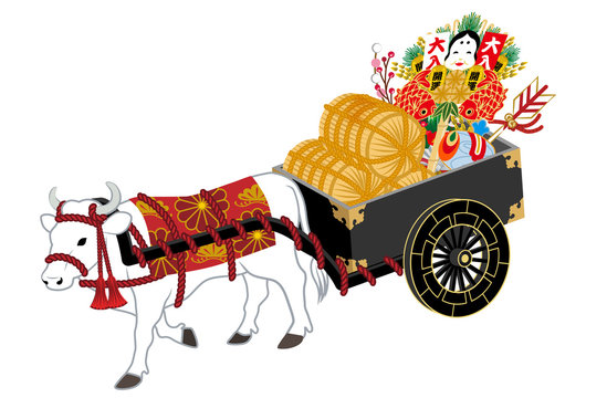 縁起物を乗せた牛車を運ぶ白い牛 丑年年賀状素材 俯瞰 Stock ベクター Adobe Stock 縁起物を乗せた牛車を運ぶ白い牛 丑年年賀状素材 俯瞰 Stock ベクター Adobe Stock