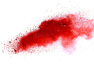 Red dust particle splash isolated on white background.