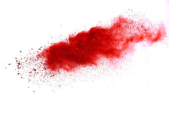 Red dust particle splash isolated on white background.
