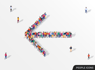 Big people crowd gathering in shape of arrow sign directed left or backward.