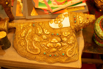 A designer conch shell with chinese dargons emblems on it, for sale at Leh market, Union territory of Ladakh, India