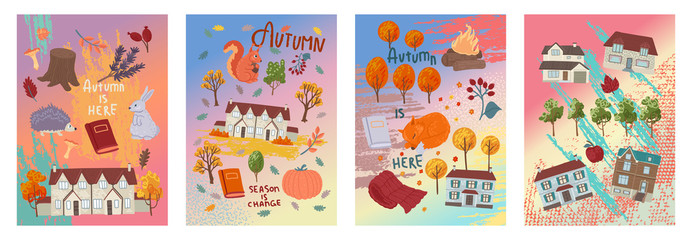 Fototapeta na wymiar Set of square cards with houses and yellow trees. Autumn weather, seasonal design. Vector design, flat illustration