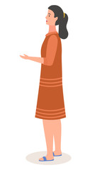 Image of young black-haired girl in profile with bent arm. Girl in a dress or traditional dress. Oriental or Chinese woman. Woman character standing. Illustration of a beautiful Asian female