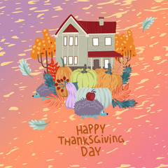 Thanksgiving card. Harvest pumpkins, house and hedgehogs. Vector bright cartoon style illustration