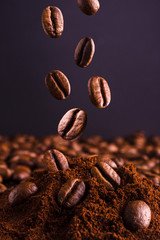 Close up of falling coffee beans