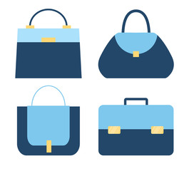 Isolated collection of blue fashionable stylish woman bags. Set of handbag, diplomat, purses, reticule, female stylish accessories. Leather glamour bag with handle, golden lock. Lady bag icon