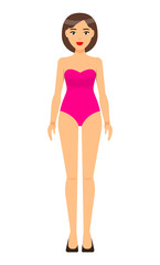 Fototapeta premium Cartoon vector character. Pretty woman in underwear. Girl wear pink swimsuit. Young brunette with short haircut. Slim girl isolated at white. Beautiful brown-haired lady with red lips in bathing suit