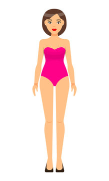 Cartoon vector character. Pretty woman in underwear. Girl wear pink swimsuit. Young brunette with short haircut. Slim girl isolated at white. Beautiful brown-haired lady with red lips in bathing suit