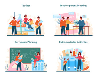 Teacher concept set. Profesor planning curriculum, meeting