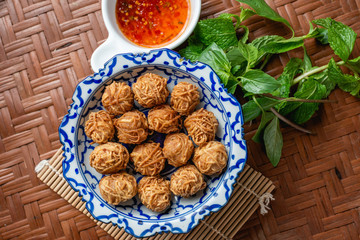 Creative food. Fried crispy ball and pork flavor.