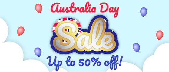 "Australia Day Sale" banner, EDITABLE TOP AND BOTTOM TEXT. Big bold stroke style text. Editable removable background. Gold and silver script on the Australian flag, in sky with clouds, balloons.
