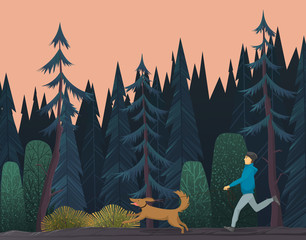 Sportsman walks the dog in a dense coniferous forest. Evening forest gloomy landscape. Active lifestyle. Outdoor activity. Running or brisk walking. Deep blue pines, firs and spruces. Flat image