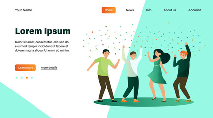Happy people dancing at party together flat vector illustration. Cartoon excited friends or coworkers celebrating with confetti. Achievement and celebration concept