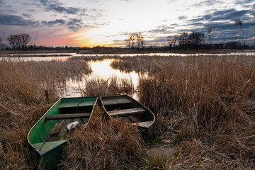 Fototapeta na wymiar Fishing boats in reeds on the lake shore