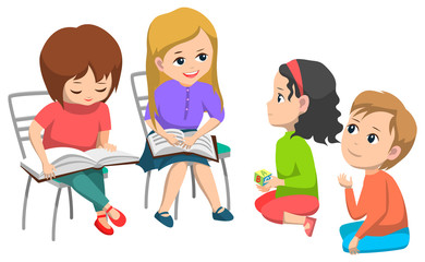 Pupils reading book, girl and boy studying, elementary school. Girl and boy educating, classmates with literature, friends learning, schoolchildren vector